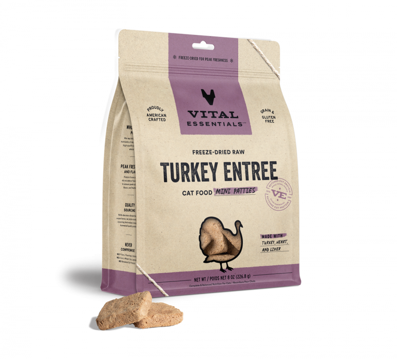 Vital Essentials Grain Free Turkey Dinner Patties Freeze Dried Raw Food for Cats