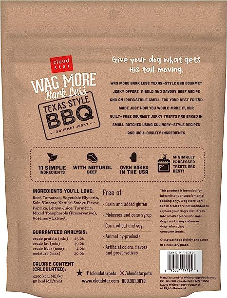 Cloud Star Wag More Bark Less Jerky Grain Free Texas BBQ Beef Dog Treats